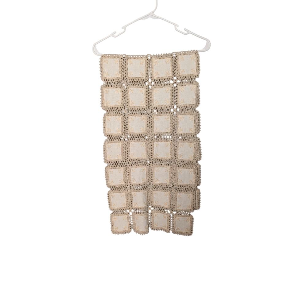 Handmade Crochet Knit Square Table Runner Cream Tan Embroidery Granny Kitchen